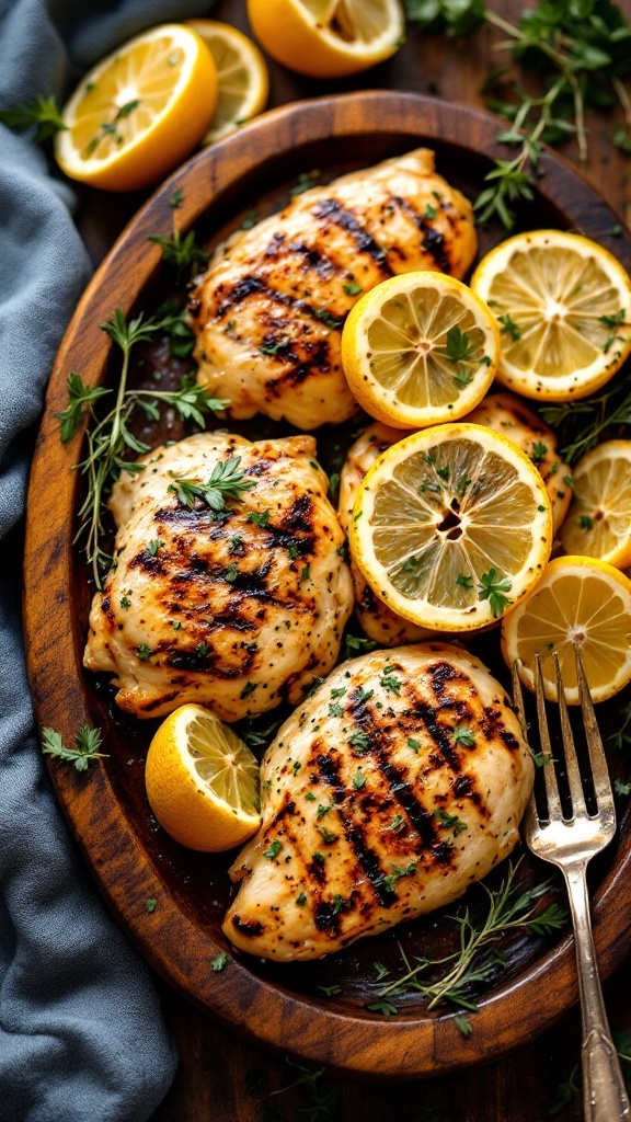 Grilled chicken breasts garnished with lemon slices and fresh herbs.