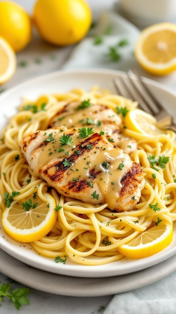 Lemon Herb Grilled Chicken Fettuccine with fresh herbs and lemon slices