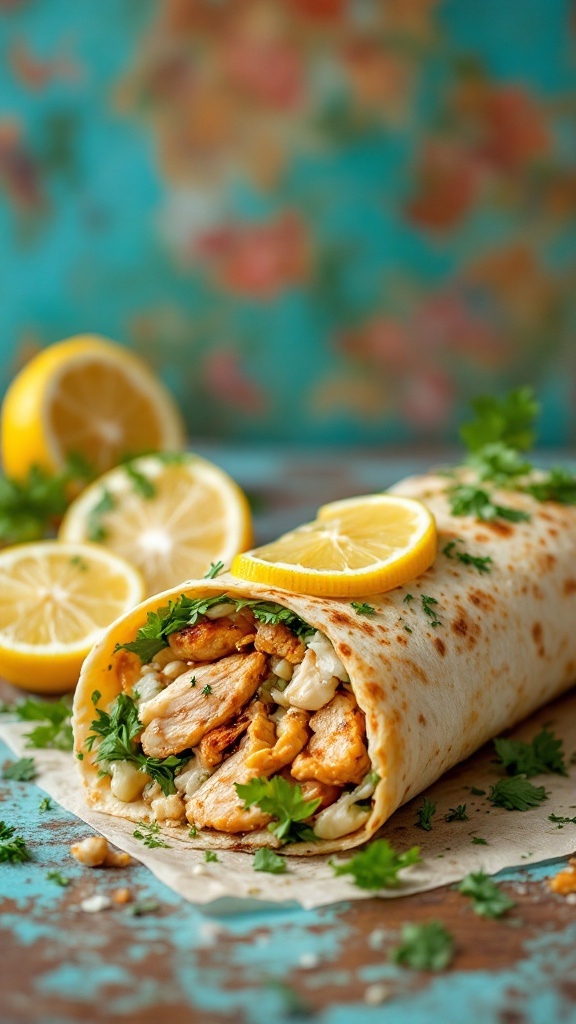 Lemon Herb Grilled Chicken Kathi Roll with fresh ingredients