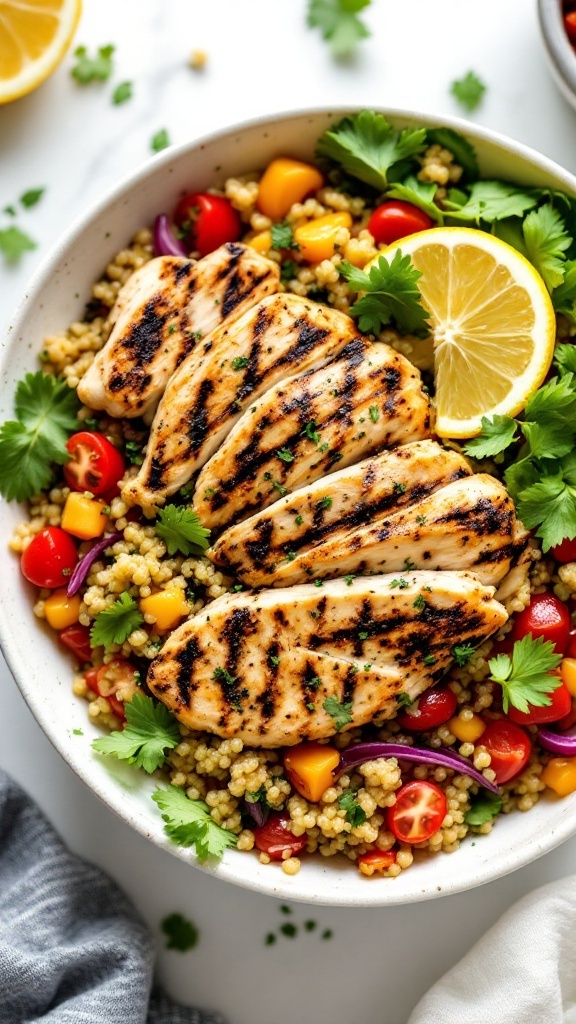 A delicious Lemon Herb Grilled Chicken Quinoa Bowl with grilled chicken, quinoa, and colorful vegetables.