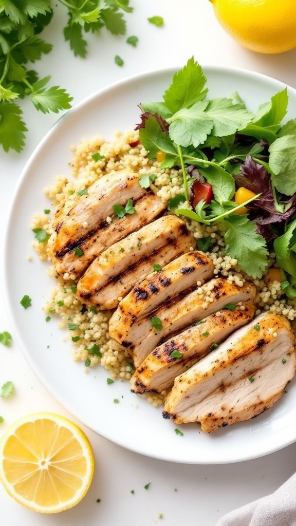 A vibrant Lemon Herb Grilled Chicken Quinoa Salad with grilled chicken, quinoa, tomatoes, and herbs