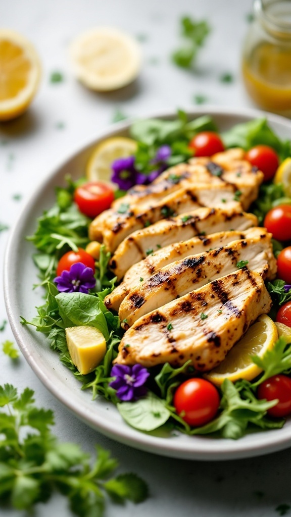 Lemon Herb Grilled Chicken Salad with greens and cherry tomatoes