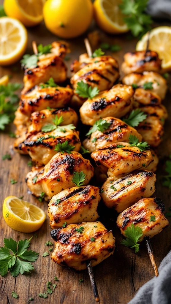 Delicious lemon herb grilled chicken skewers garnished with parsley