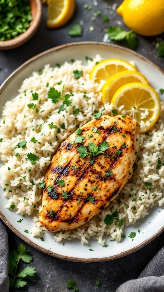 Grilled chicken breast served with cilantro rice and lemon slices