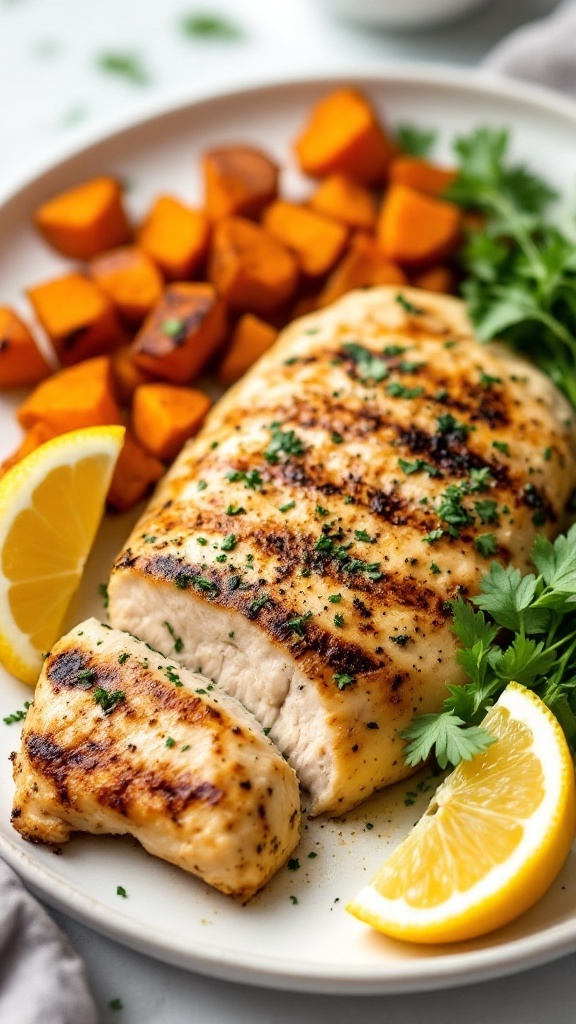 Grilled chicken served with roasted sweet potatoes and lemon slices.