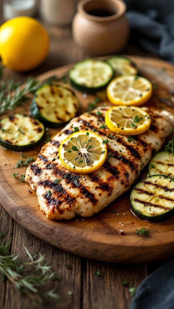 Grilled chicken breast with lemon slices and zucchini on a wooden platter.