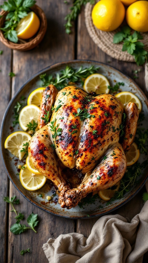 A beautifully roasted chicken garnished with herbs and lemon slices.