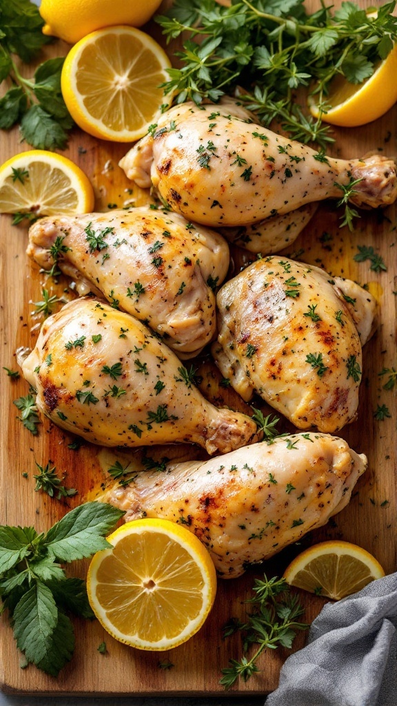 Lemon Herb Roasted Chicken Legs with fresh herbs and lemon slices