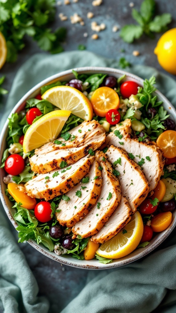 A vibrant lemon herb rotisserie chicken salad served in a bowl with fresh ingredients