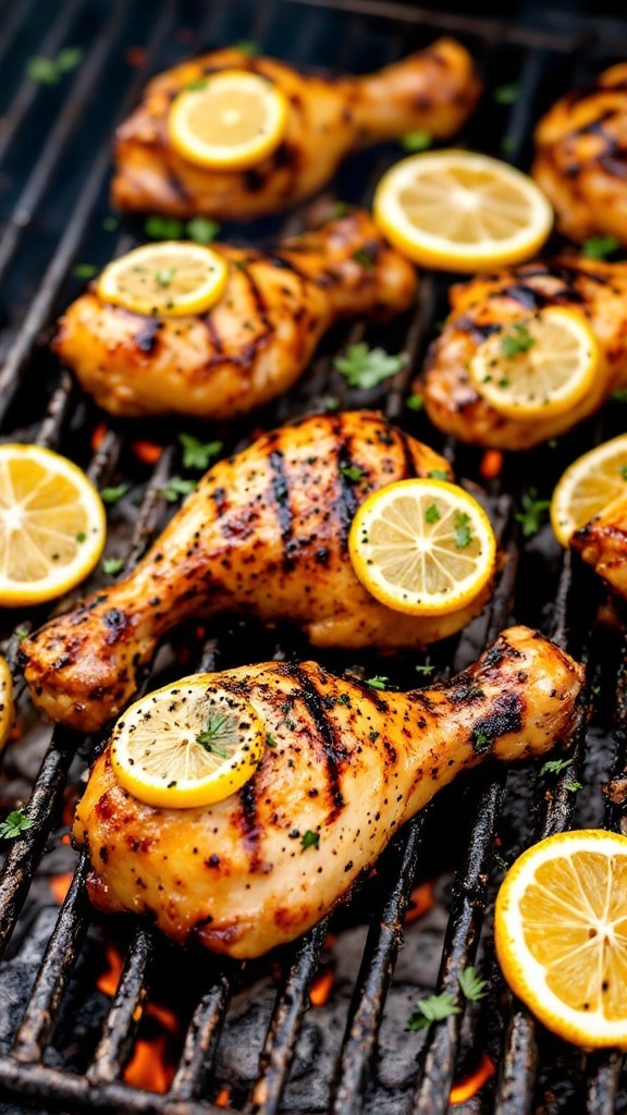 Grilled chicken drumsticks with lemon slices on a grill