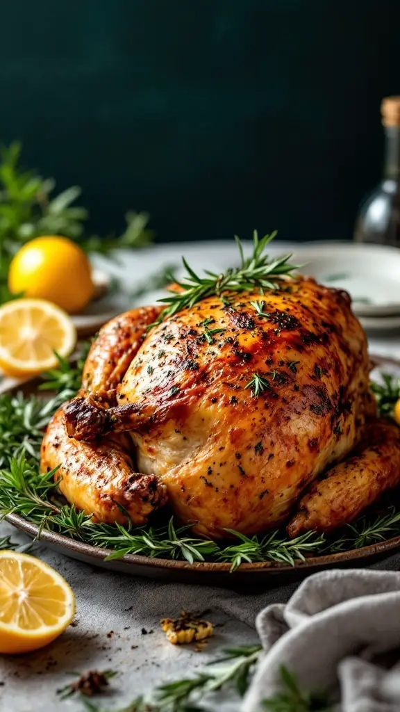 A beautifully roasted chicken garnished with rosemary and lemon slices.