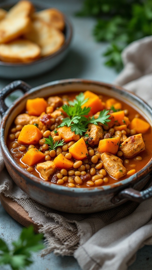 A comforting bowl of lentil and chicken sweet potato curry with chunks of sweet potato and a sprinkle of cilantro, served in a rustic pot.