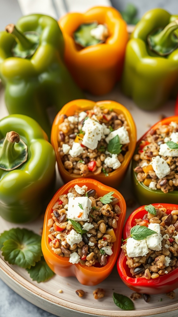 Colorful stuffed bell peppers filled with lentils and feta cheese.