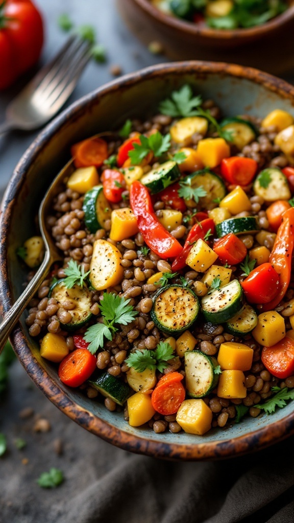 A colorful lentil and roasted vegetable bowl filled with zucchini, bell pepper, squash, and cherry tomatoes.