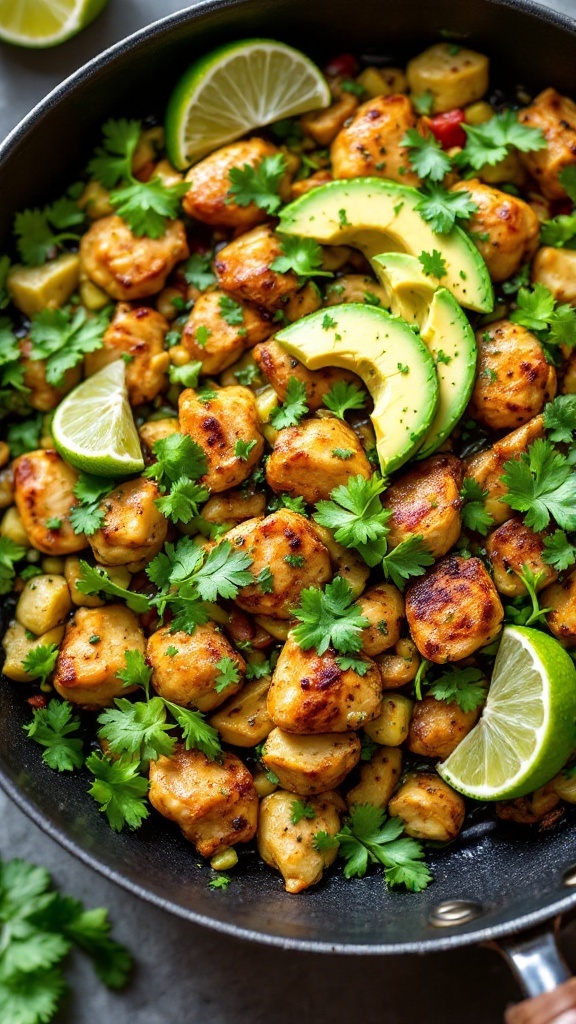 A delicious skillet meal featuring chicken, corn, bell peppers, lime, and avocado.