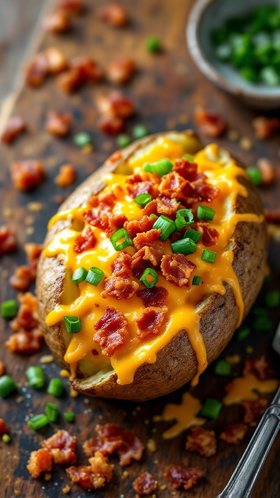 A loaded baked potato topped with cheddar cheese, bacon, and green onions.