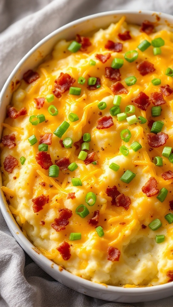 A delicious loaded mashed potato casserole topped with cheese, bacon, and green onions.