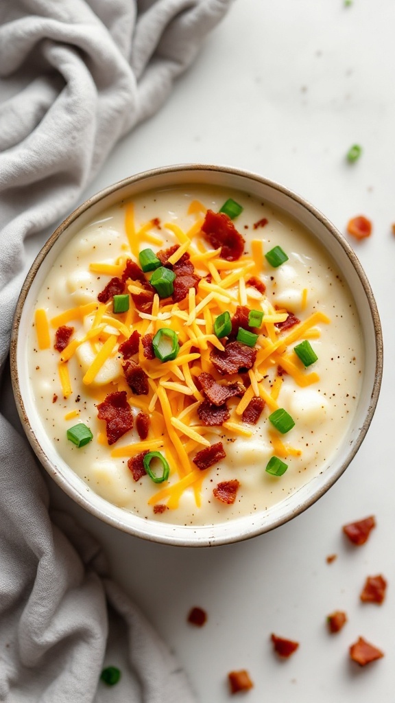 A bowl of loaded potato soup topped with cheese, bacon, and green onions.