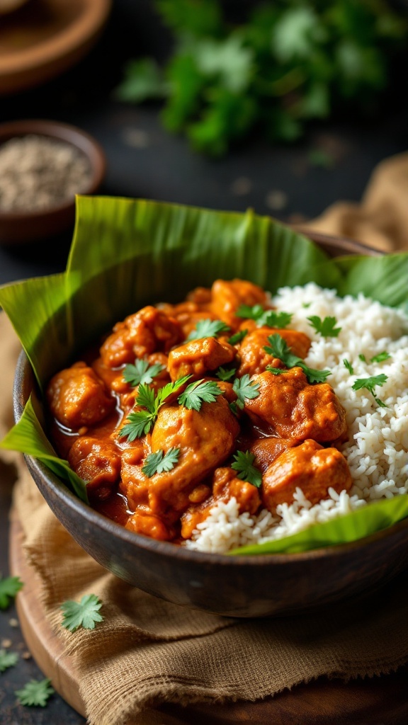 A bowl of Malaysian Chicken Rendang with rice and garnished with cilantro.