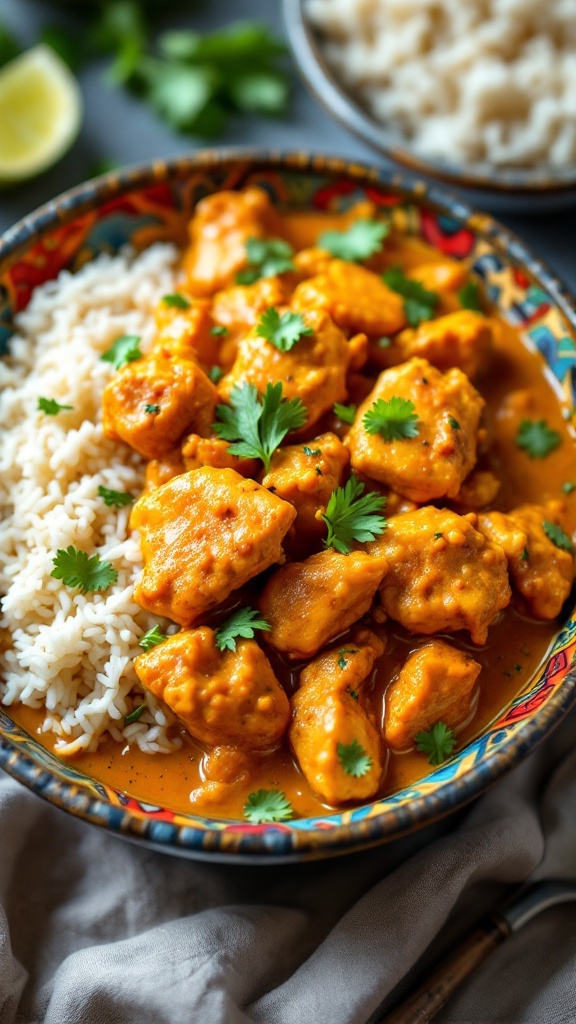 A bowl of Malaysian Coconut Curry Chicken served with rice and garnished with cilantro.