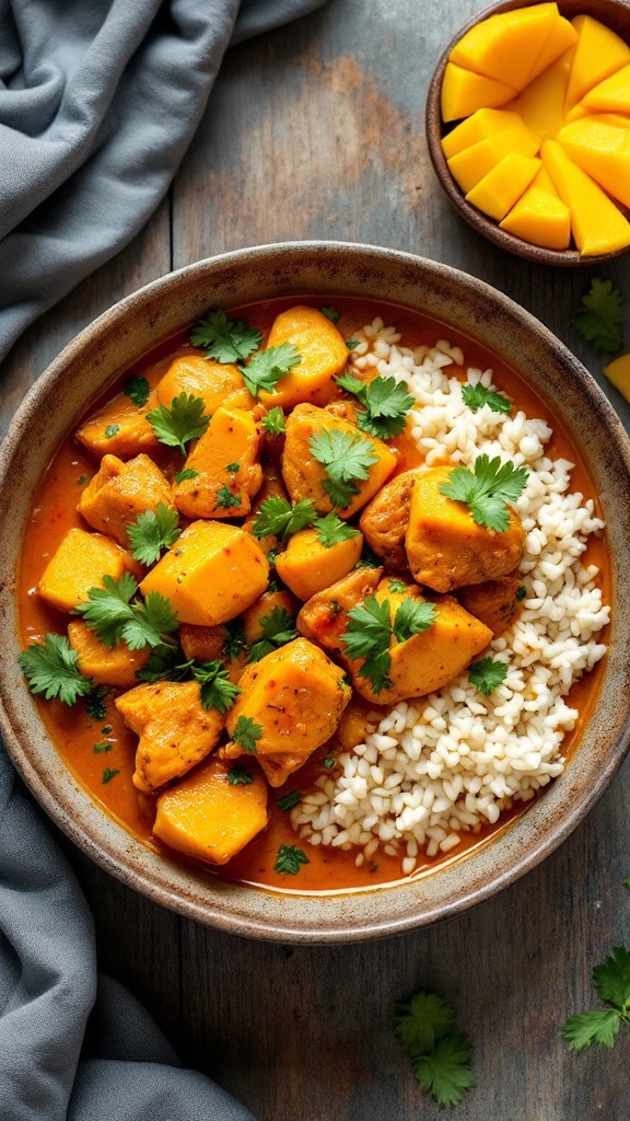 Bowl of Mango-Habanero Chicken and Sweet Potato Curry with rice and fresh cilantro.