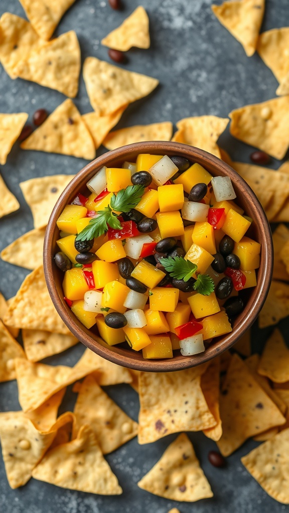 Bowl of mango and black bean salsa surrounded by tortilla chips