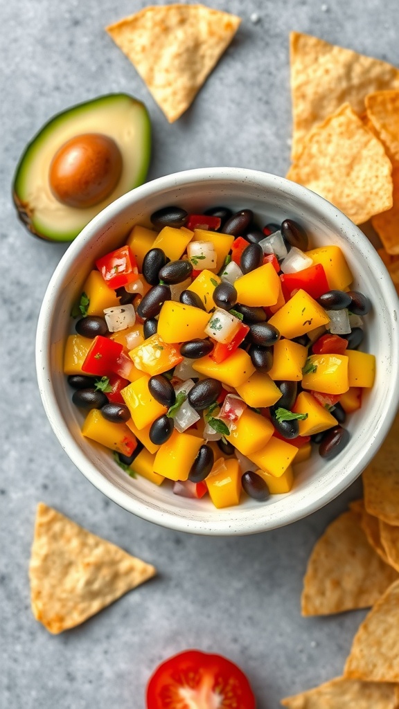 A bowl of mango black bean salsa with tortilla chips and sliced avocado on the side.