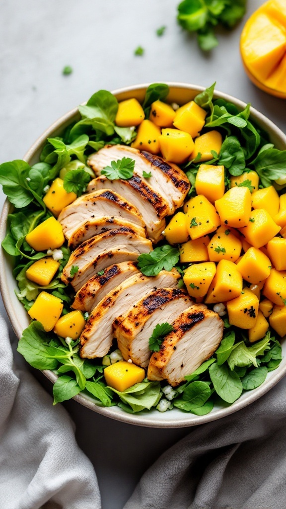 A vibrant mango chicken salad with grilled chicken, fresh greens, and diced mango.