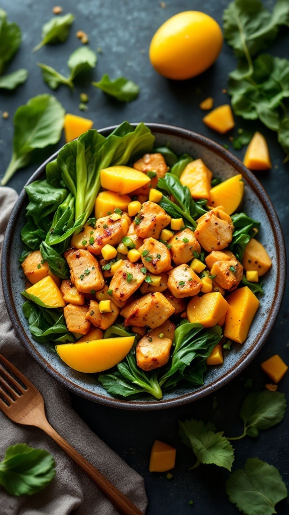 A colorful bowl of mango chicken stir-fry with bok choy, featuring diced chicken, fresh mango, and vibrant greens.