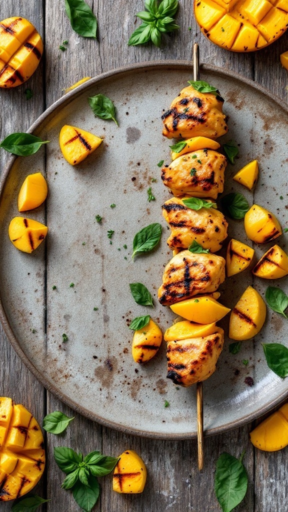 Mango Chicken Tikka Skewers with grilled mango pieces and fresh basil