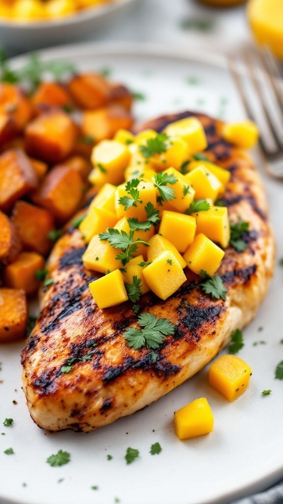 Grilled chicken breast topped with fresh mango salsa served with roasted sweet potatoes.