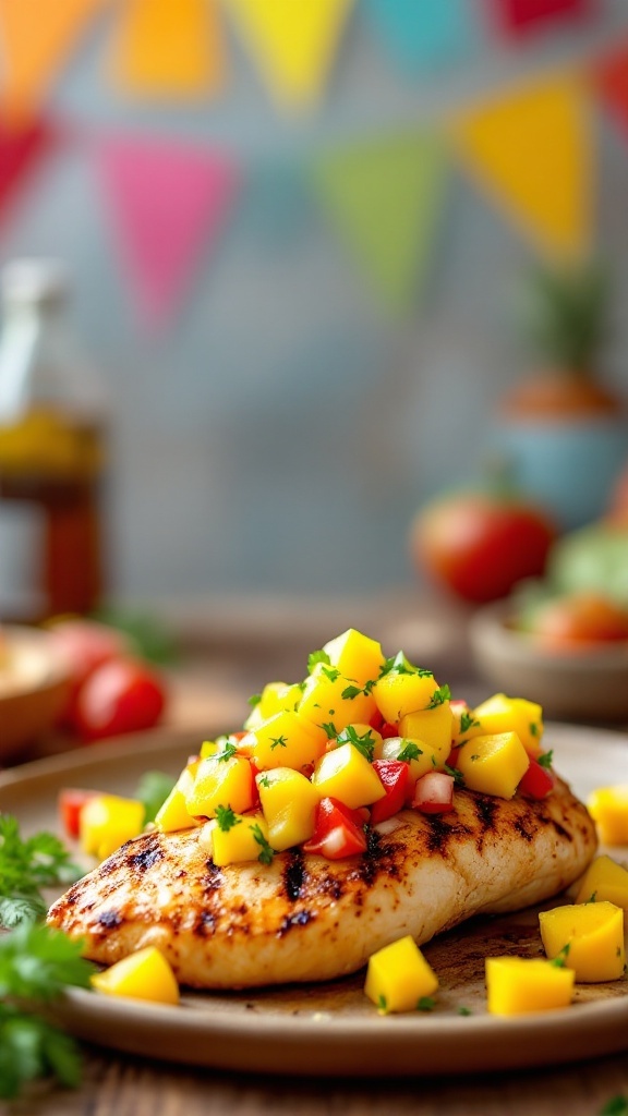 Grilled chicken breast topped with mango salsa and fresh ingredients