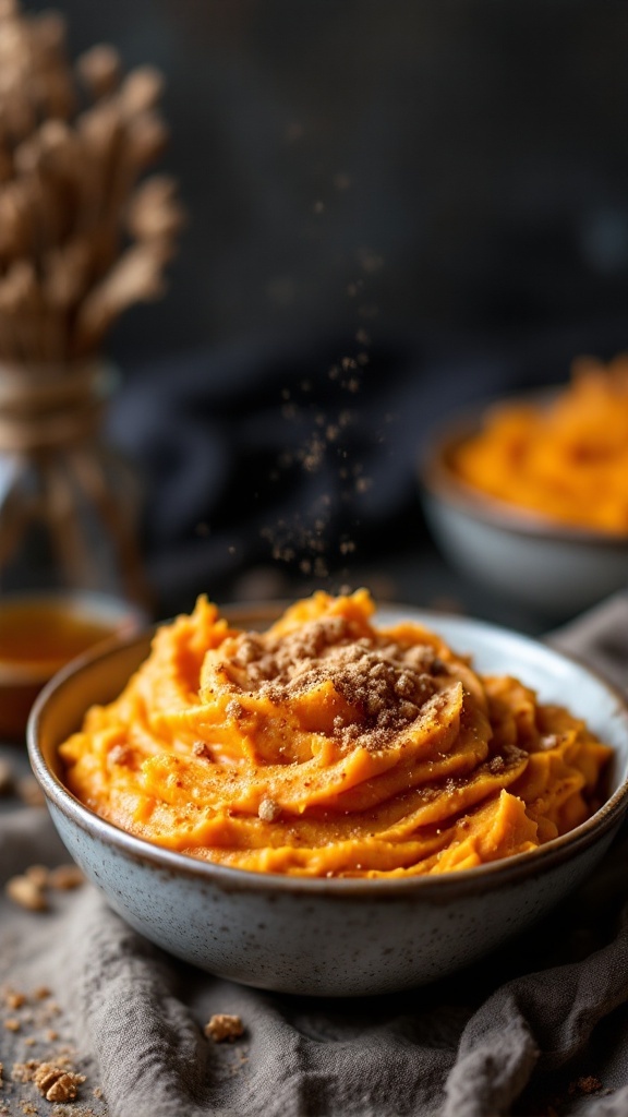 A bowl of creamy sweet potato mash topped with brown sugar.