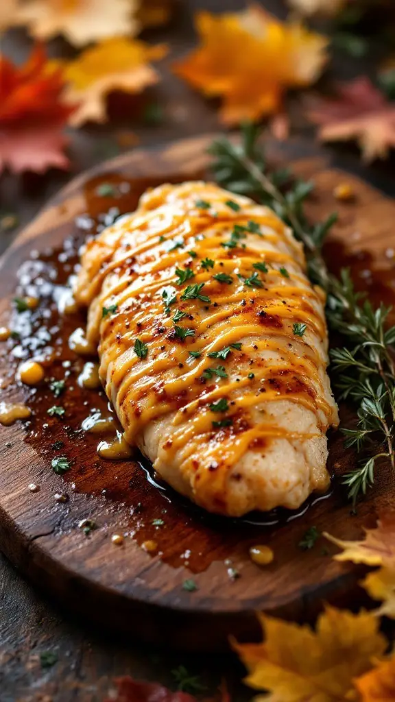 A beautifully glazed chicken with maple and mustard sauce on a wooden board, garnished with herbs and surrounded by autumn leaves.