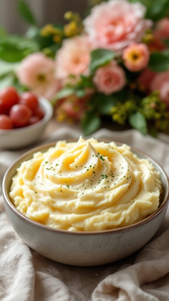 Creamy mashed potatoes with cream cheese in a bowl, garnished with chives.