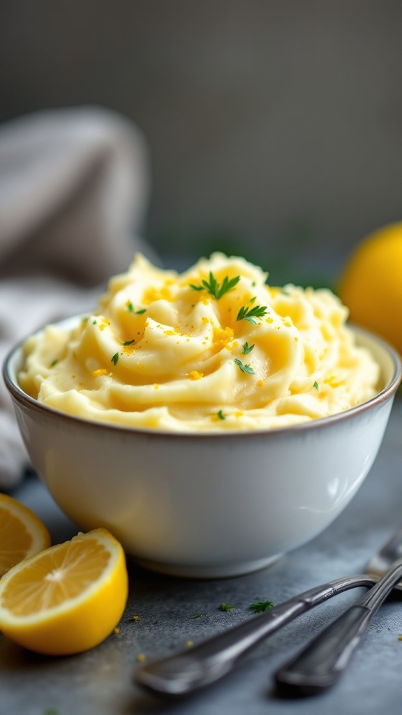 Delicious mashed potatoes with lemon zest topped with parsley