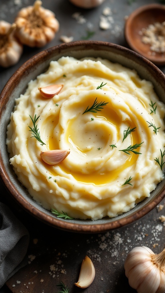 A bowl of creamy mashed potatoes garnished with herbs and garlic cloves.