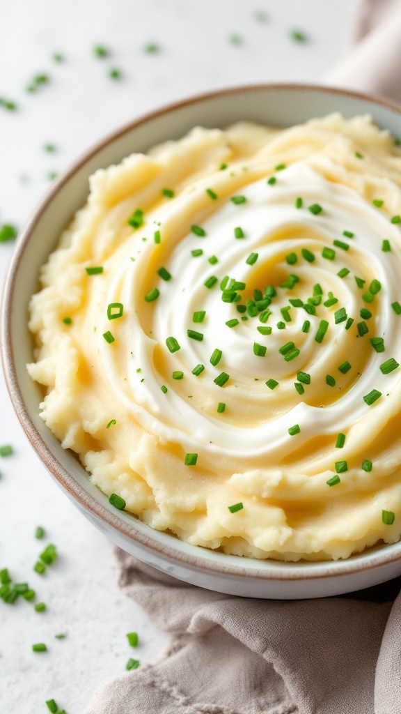 Bowl of creamy mashed potatoes topped with sour cream and chives