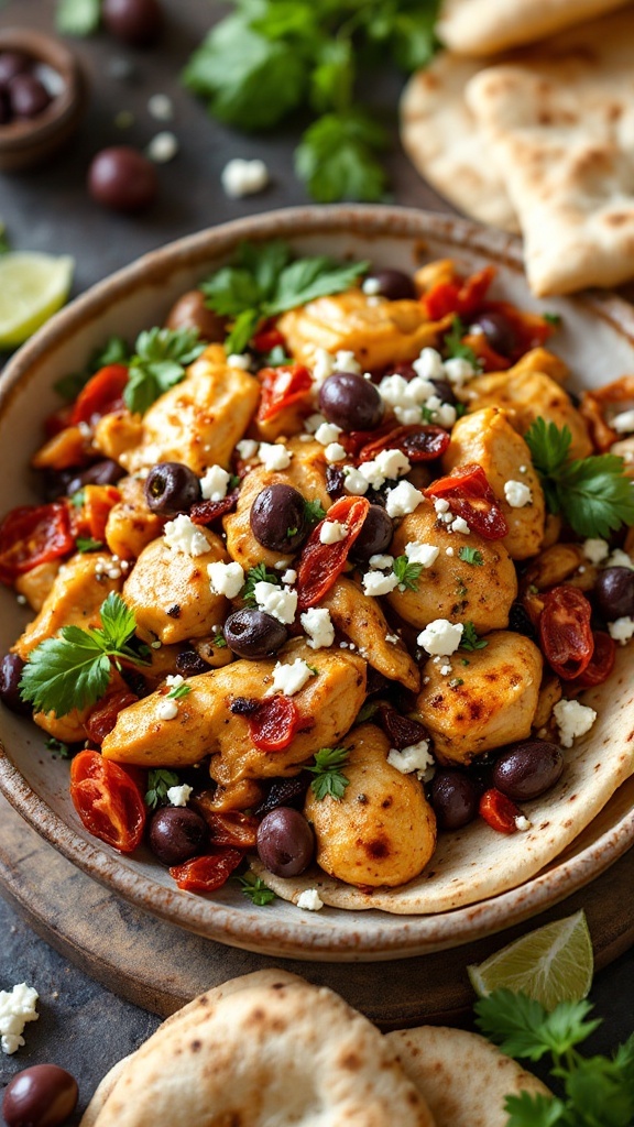 Mediterranean-inspired chicken fajitas on a plate with olives and tomatoes, garnished with herbs.