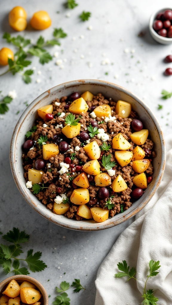 A delicious Mediterranean Beef and Potato Bowl with ground beef, diced potatoes, olives, and feta cheese.