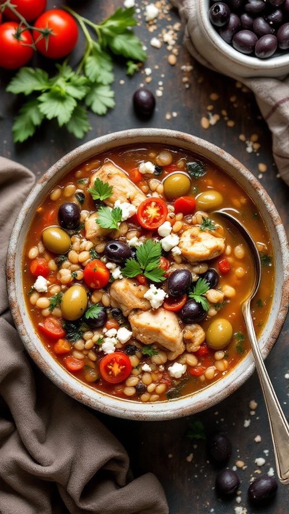 A bowl of Mediterranean Chicken and Barley Soup with olives, tomatoes, and parsley