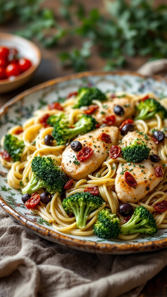 Plate of Mediterranean Chicken and Broccoli Alfredo with pasta