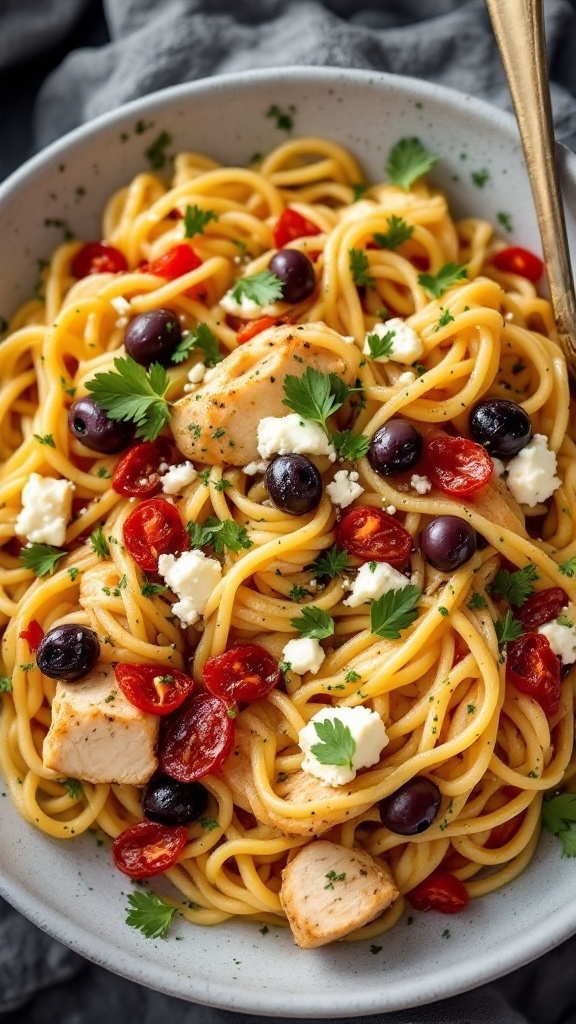 A bowl of Mediterranean Chicken and Noodle Bake with chicken, olives, and tomatoes.