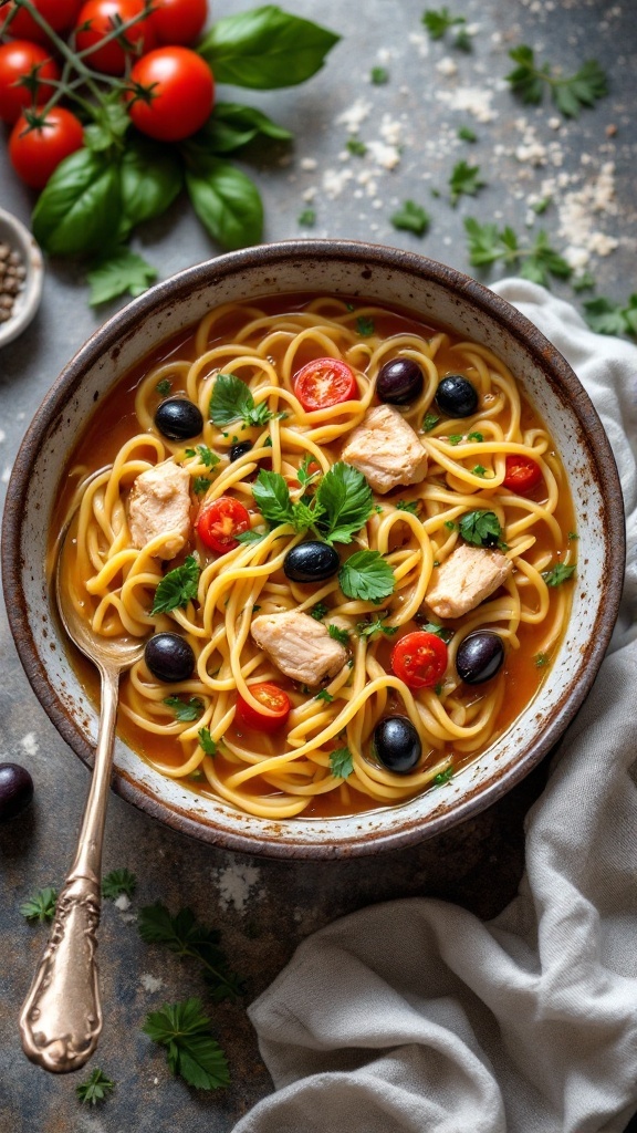 Mediterranean Chicken and Noodle Soup with herbs and tomatoes