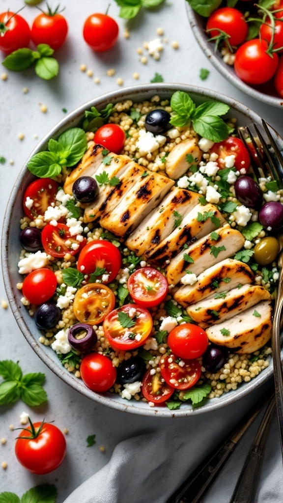 Mediterranean Chicken and Quinoa Bowl with grilled chicken, cherry tomatoes, olives, and herbs.