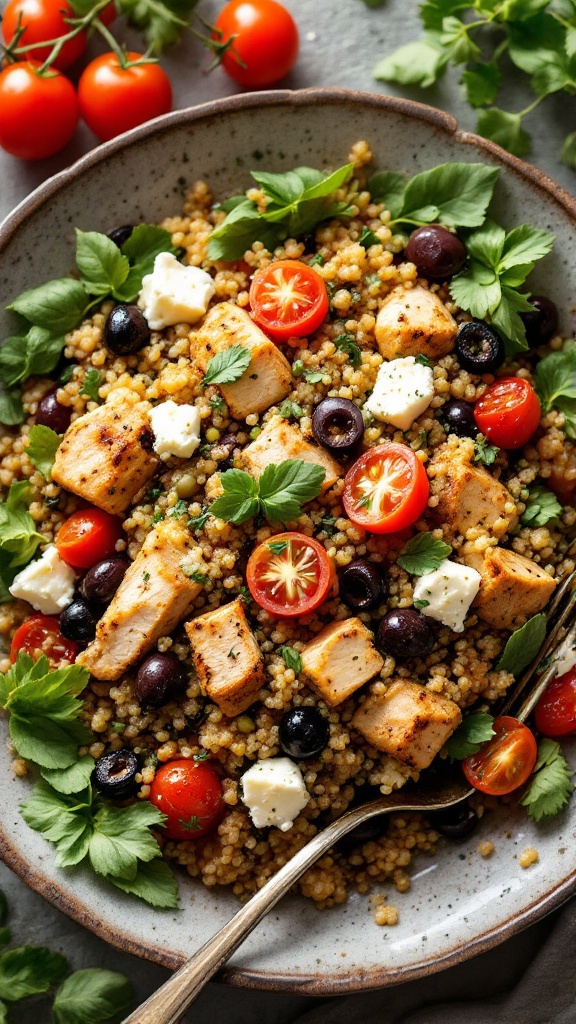 A vibrant Mediterranean Chicken and Quinoa Salad with fresh vegetables and feta cheese.