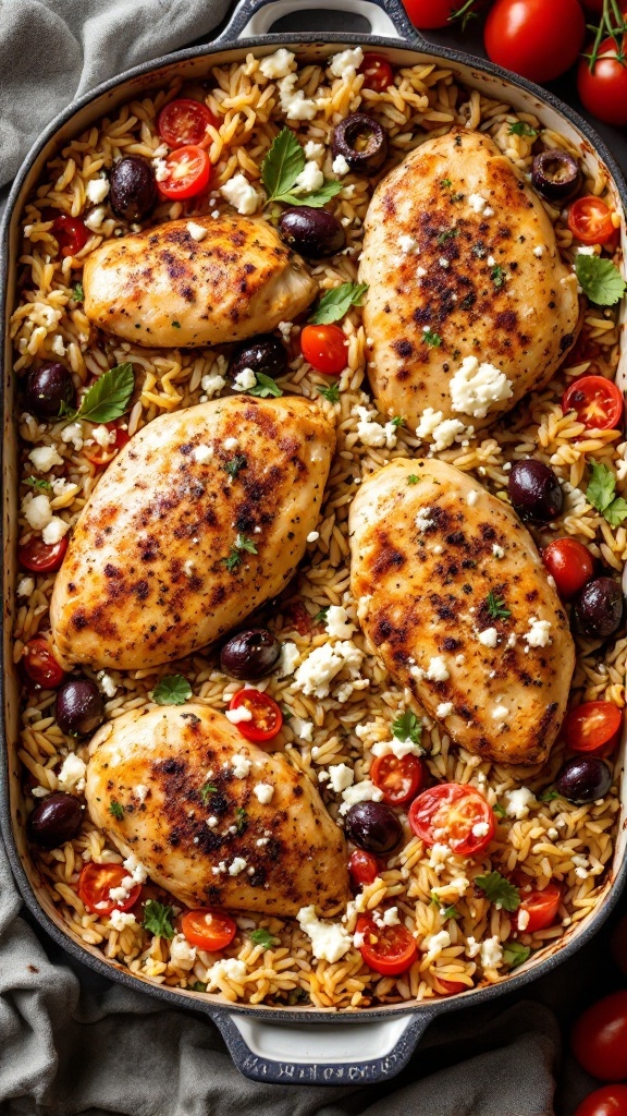 Mediterranean Chicken and Rice Bake with chicken, tomatoes, olives, and feta cheese.