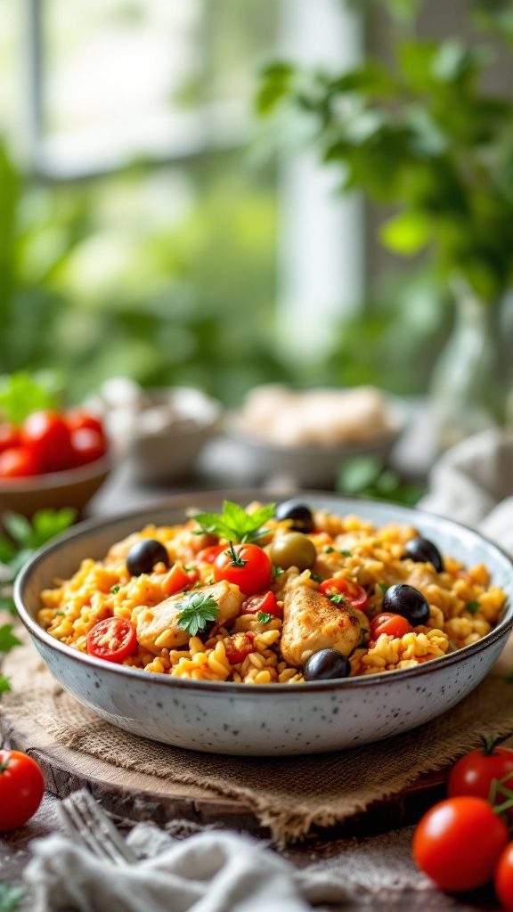 A beautifully plated Mediterranean chicken and rice casserole with vibrant colors and fresh ingredients.