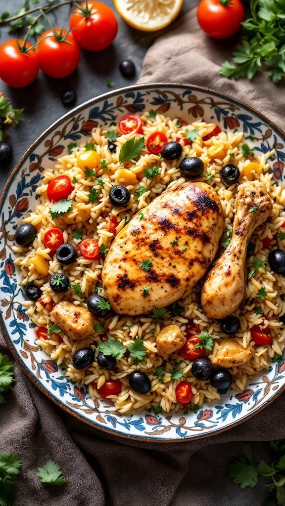 A vibrant plate of Mediterranean Chicken and Rice Pilaf with orzo, cherry tomatoes, and olives.