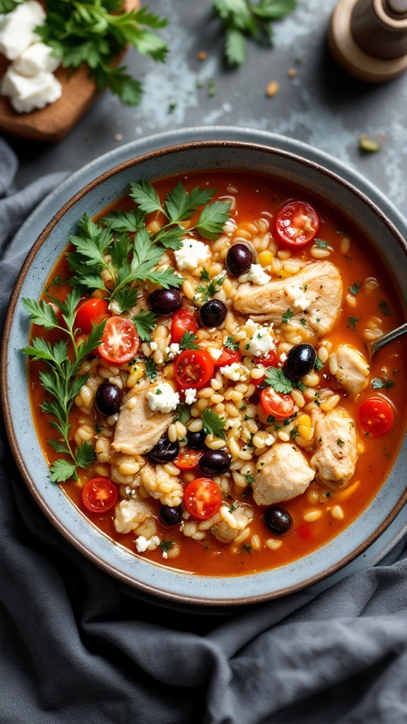 Bowl of Mediterranean chicken and rice soup with vegetables and fresh herbs.